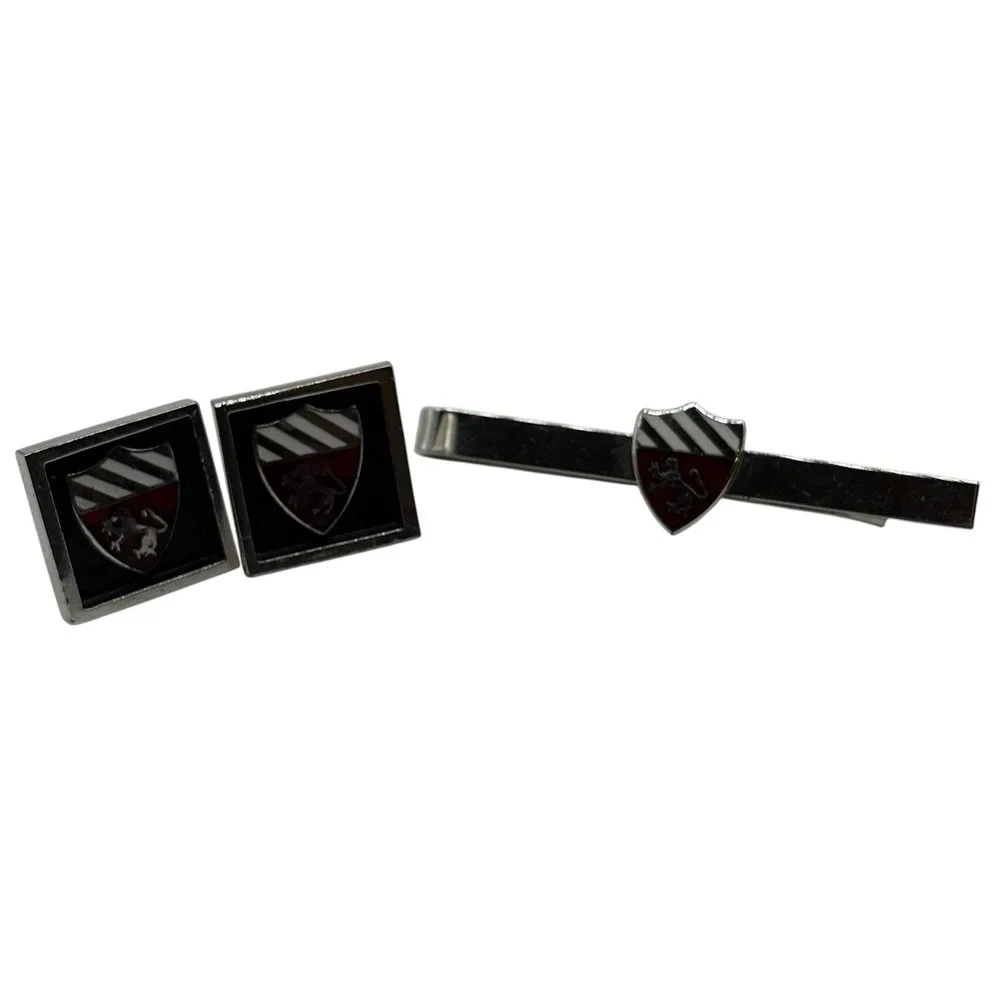 Fighting Lion Crest‎ Square Cuff Links Tie Bar Set Black Red Silver Tone Vintage